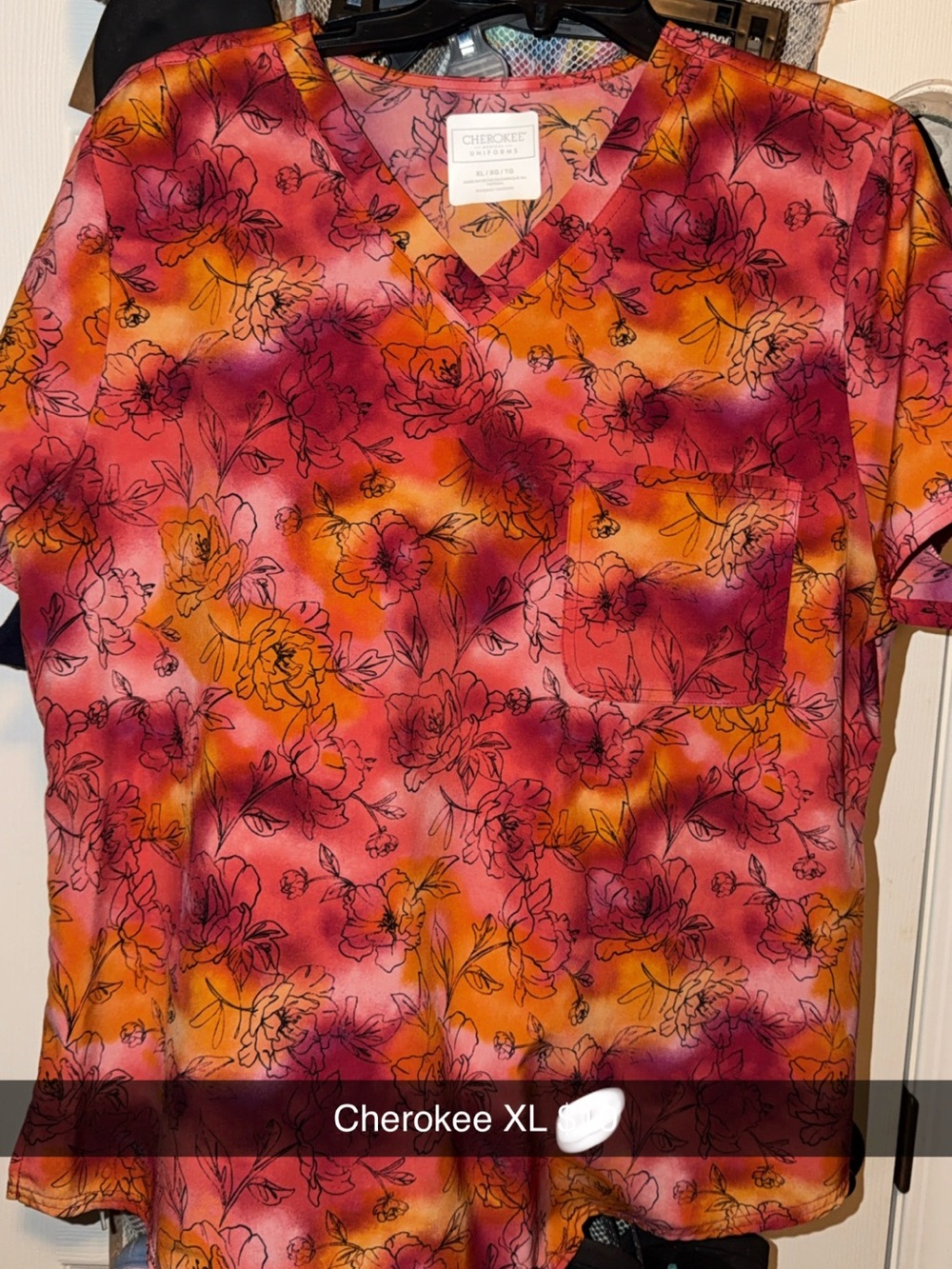 Cherokee Floral V-Neck Scrub Top in Pink and Orange